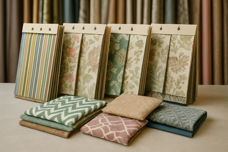 Showroom mit rosa Sofa und grünen Kissen